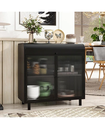 Streamdale Furniture Modern Black Sideboard Buffet with Glass Doors