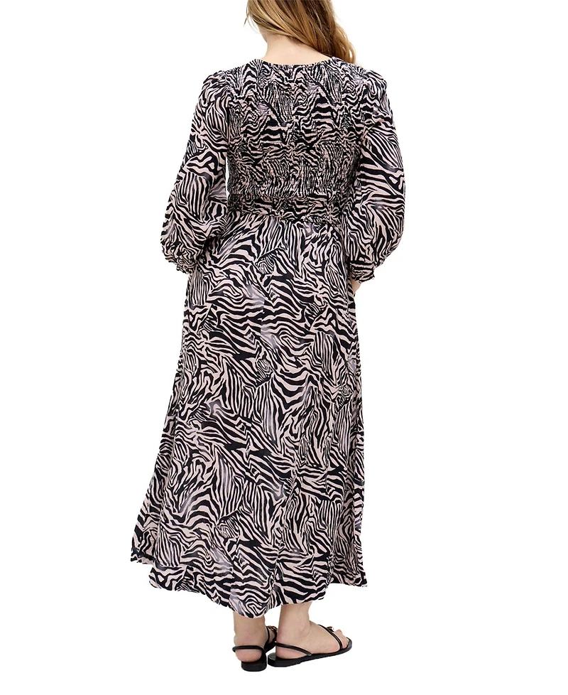 Raffya Women's Paulina Shirred Bodice Zebra Print Maxi Dress