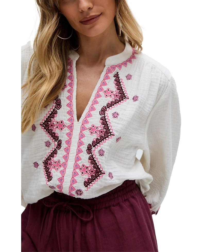 Raffya Women's Dina V-Neck Embroidered Blouse