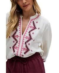 Raffya Women's Dina V-Neck Embroidered Blouse