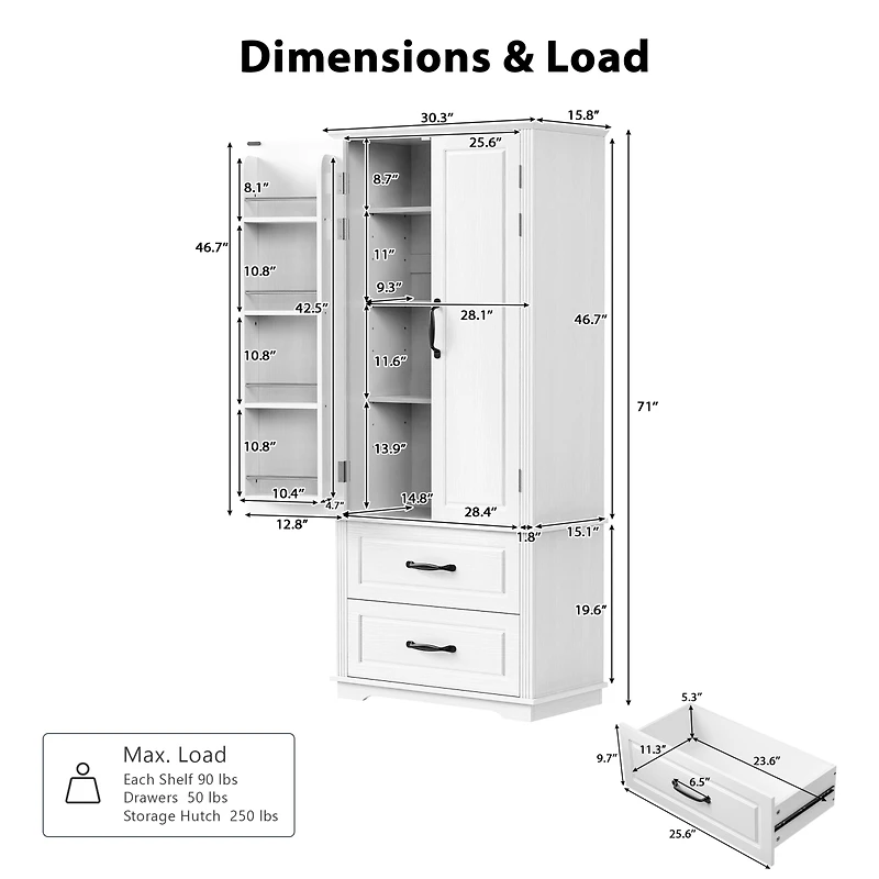 Casainc 71" Freestanding Pantry Cabinet with 2 Drawers, 8 Door Shelves, 3 Cabinet Shelves, Embossed Texture Finish