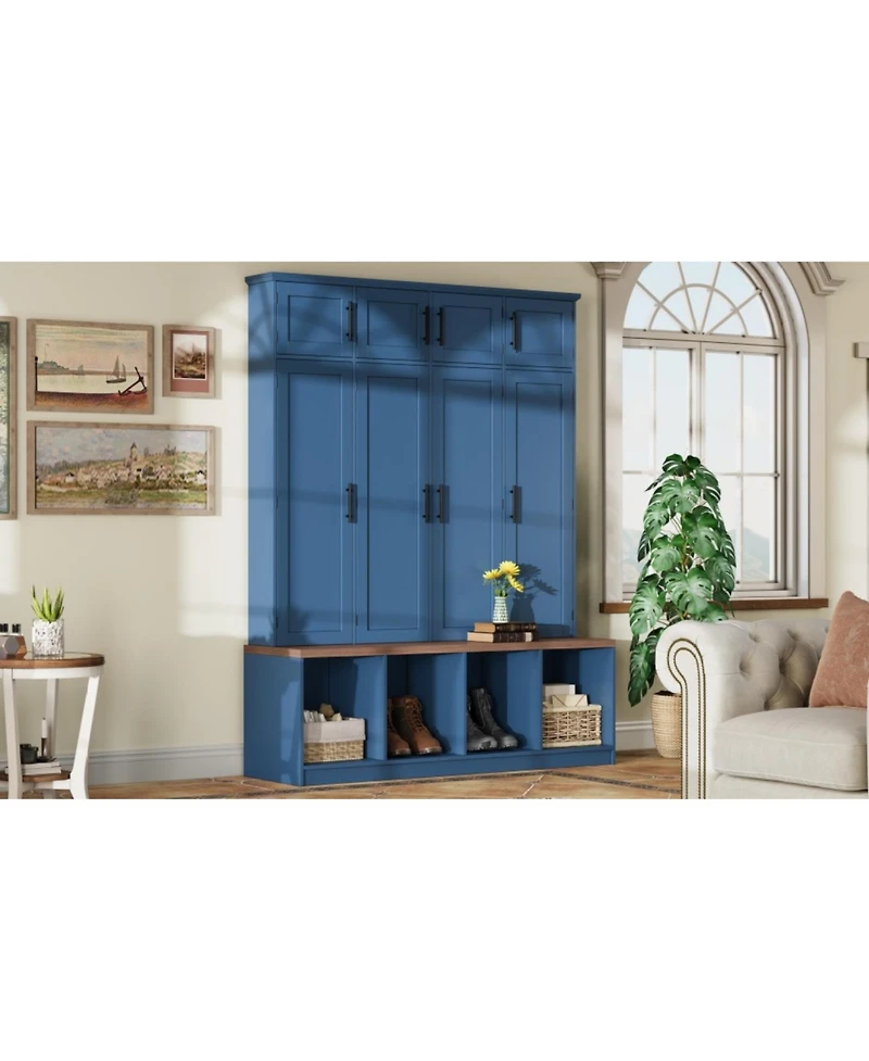 Streamdale Furniture Farmhouse Hall Tree Bench with Hidden Hooks & Shoe Cabinet