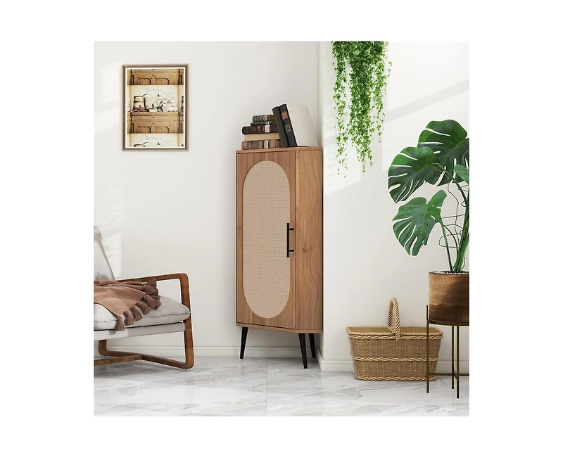 Freestanding Corner Cabinet with Rattan door