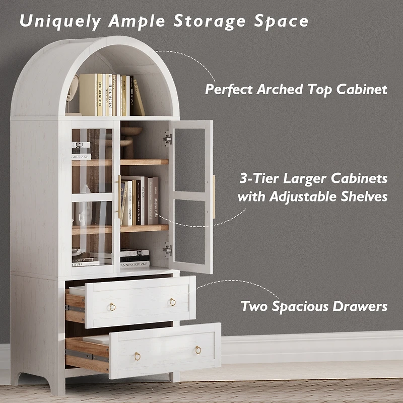 Casainc 71" Tall Arched Kitchen Pantry Cabinet with Glass Doors, Adjustable Shelves & 2 Large Drawers