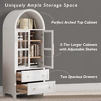 Casainc 71" Tall Arched Kitchen Pantry Cabinet with Glass Doors, Adjustable Shelves & 2 Large Drawers