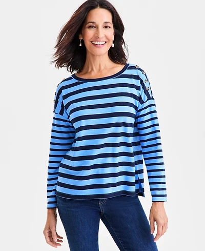 Style & Co Women's Long Sleeve Button-Trim Striped Knit Top, Macy's Exclusive