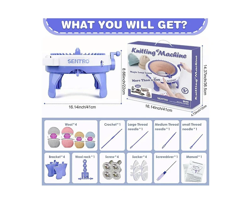Sentro 48-Needle Knitting Machine - Blue | Auto Knit Scarf, Hat, Sweater | Easy for Beginners, Includes Tools & Guide