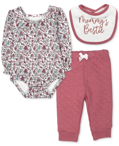 Baby Essentials Girls Mommy's Bestie Bib, Floral-Print Bodysuit & Quilted Pants, 3 Piece Set