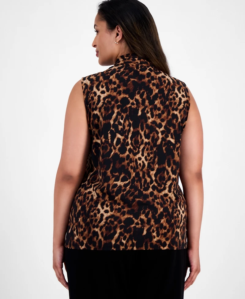 Anne Klein Plus Printed Pleated V-Neck Sleeveless Blouse