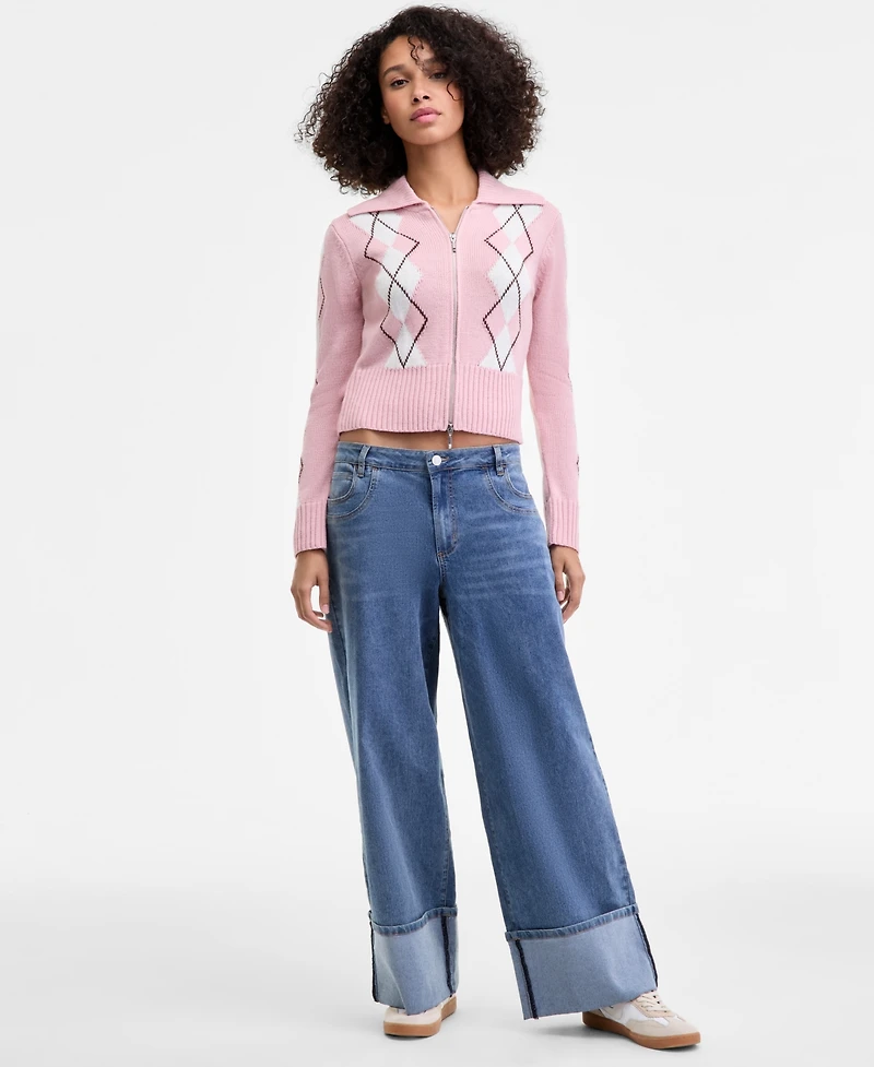 Madden Girl Juniors' High-Rise Cuffed Bow-Embroidery Jeans