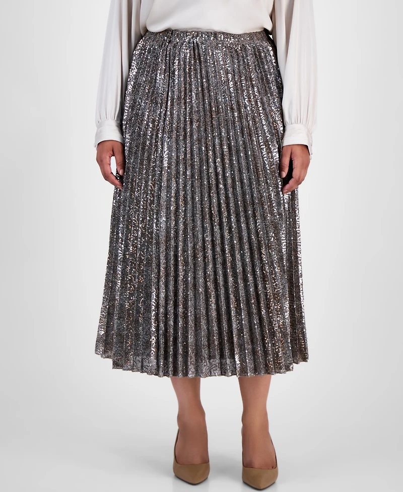 Anne Klein Plus Pull-On Pleated Sequin Midi Skirt