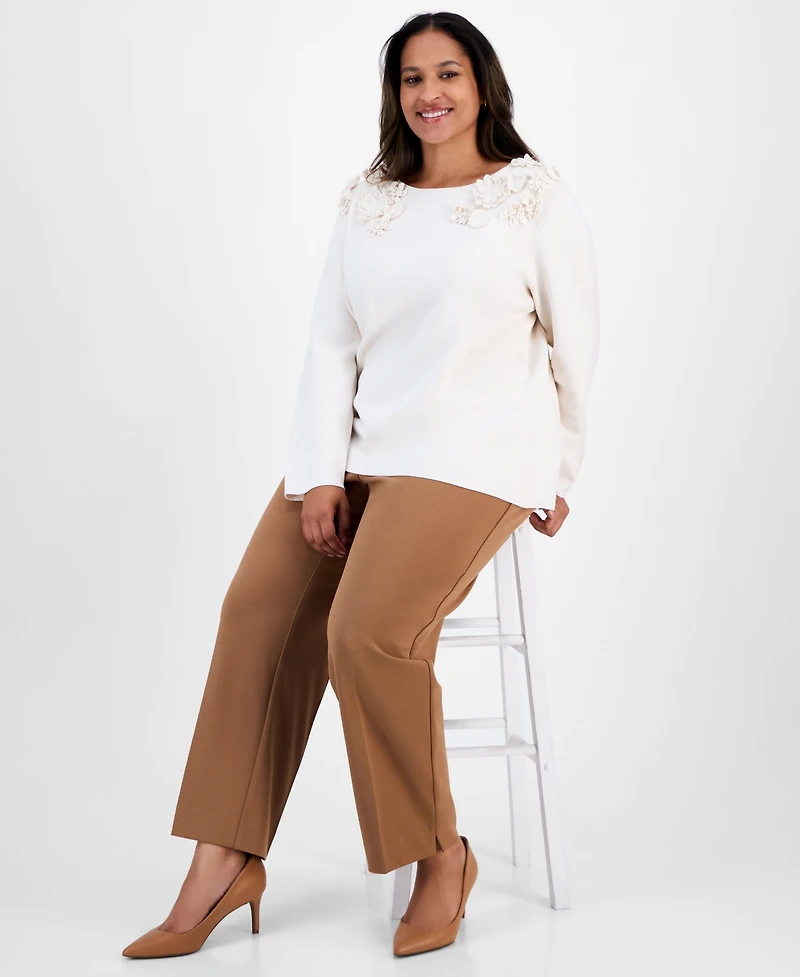 Anne Klein Plus Size Floral-Embellished Boat-Neck Sweater