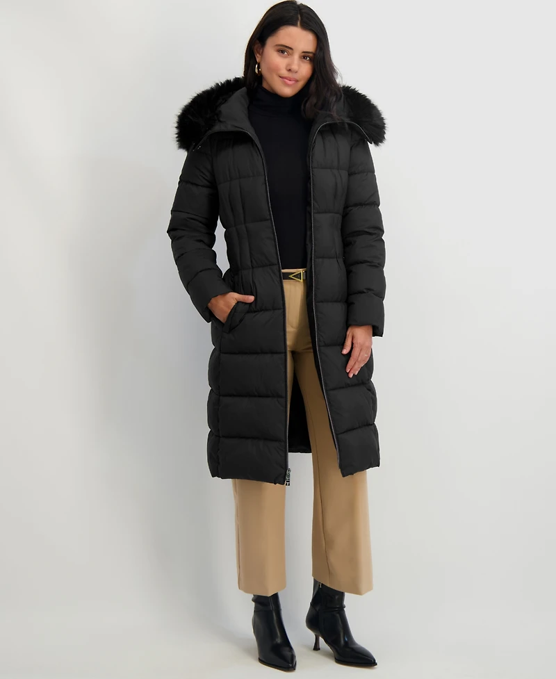Tahari Women's Faux-Fur-Trim Hooded Belted Puffer Coat
