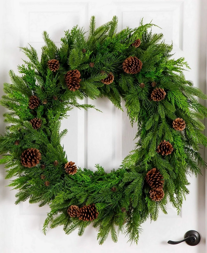 Nearly Natural 30" Artificial Norfolk Pine Wreath with Pinecones
