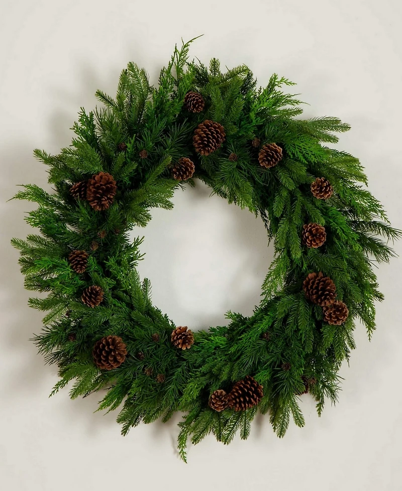 Nearly Natural 30" Artificial Norfolk Pine Wreath with Pinecones