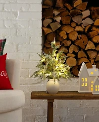 Nearly Natural 18" Pre-Lit Artificial Snowed Cypress Christmas Tree Led Lights in Ceramic Planter