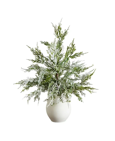 Nearly Natural 18" Pre-Lit Artificial Snowed Cypress Christmas Tree Led Lights in Ceramic Planter