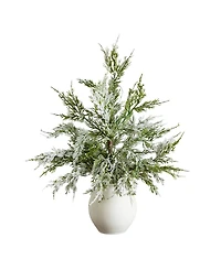 Nearly Natural 18" Pre-Lit Artificial Snowed Cypress Christmas Tree Led Lights in Ceramic Planter