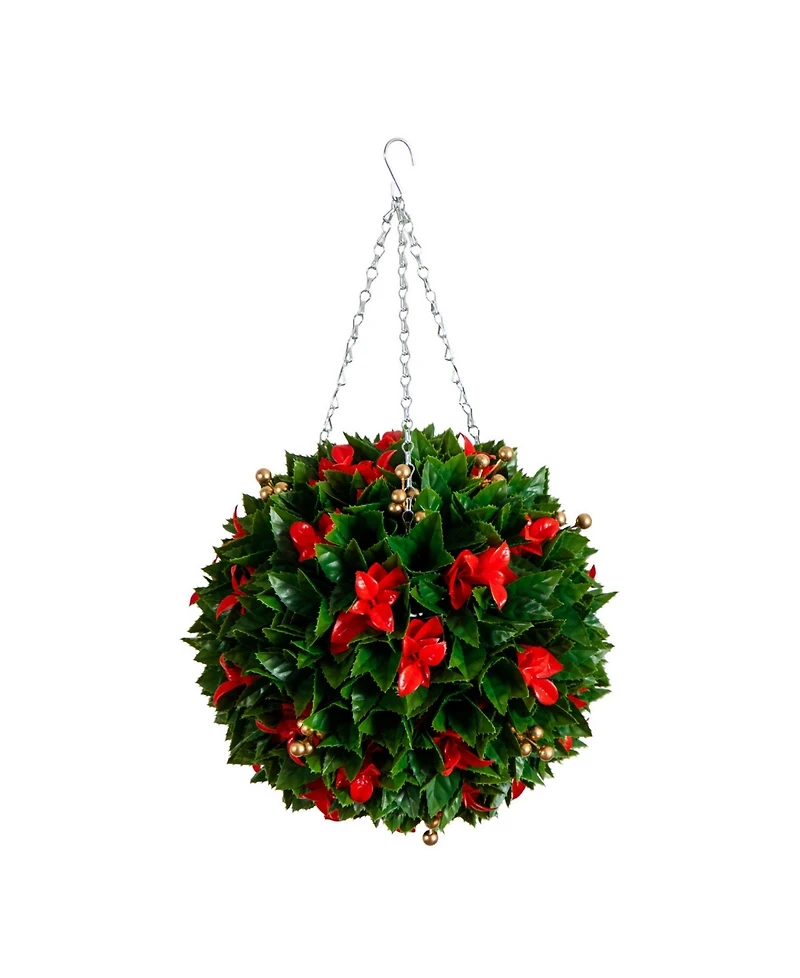 Nearly Natural 15" Uv Resistant Artificial Tip Photinia Christmas Hanging Ball Indoor and Outdoor