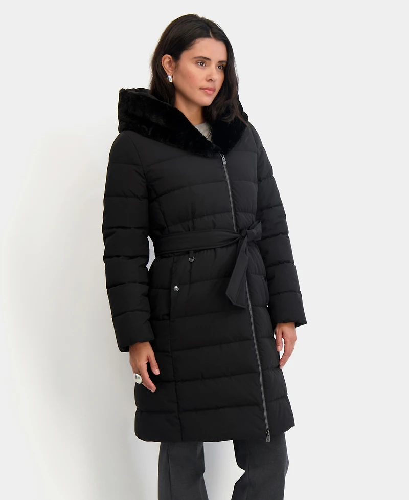 Tahari Women's Faux-Fur-Trim Hooded Belted Puffer Coat