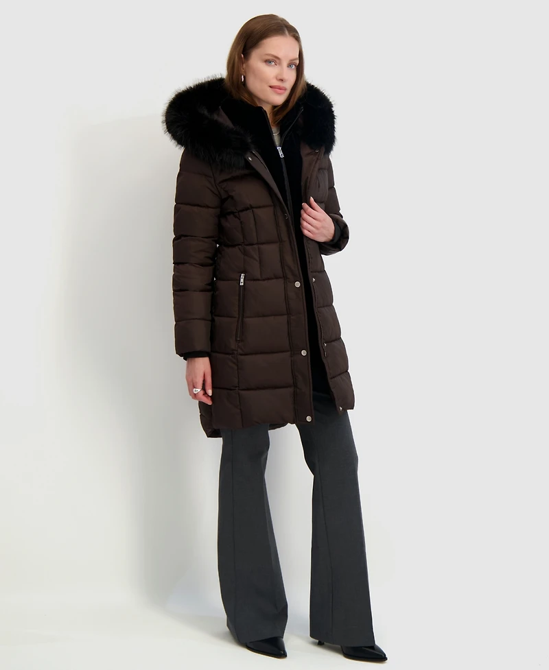 Tahari Womens Velvet Bibbed Faux-Fur Hooded Puffer Coat