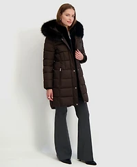 Tahari Womens Velvet Bibbed Faux-Fur Hooded Puffer Coat