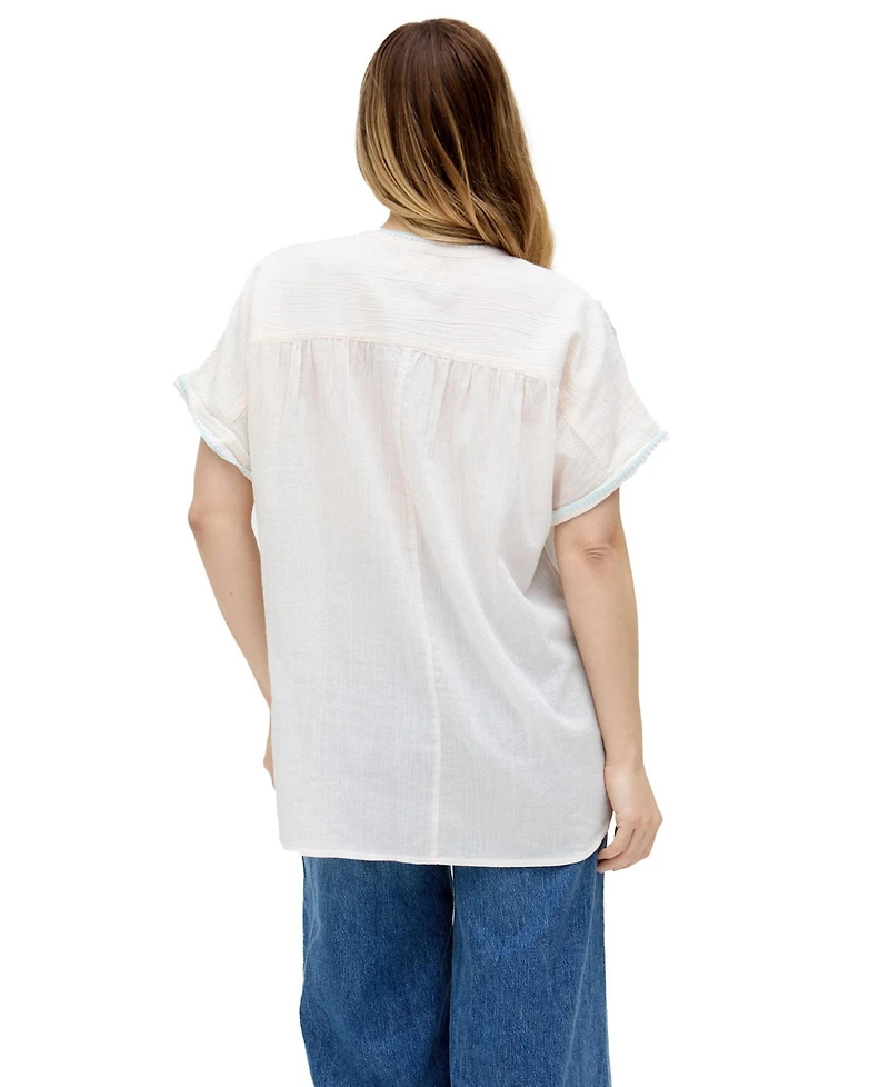 Raffya Women's Juneeta Crop Sleeve Button Down Shirt