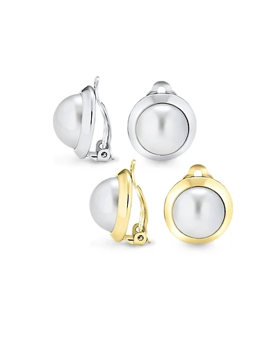 Bling Jewelry Set of 2 Simple Button Style Round Dome Bezel Pearl Clip-On Earrings Gold Plated
