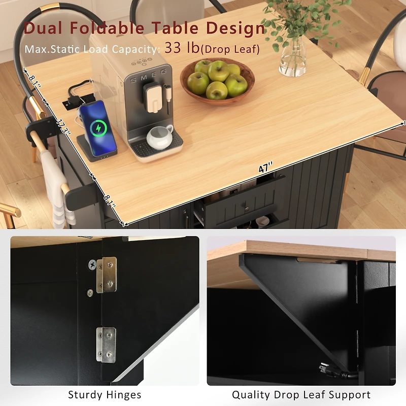 Casainc 55.7" Large Kitchen Island with 2 Drop Leafs, Rolling Cart, Power Outlet, Folding Dining Table, Spice Rack, No Stools