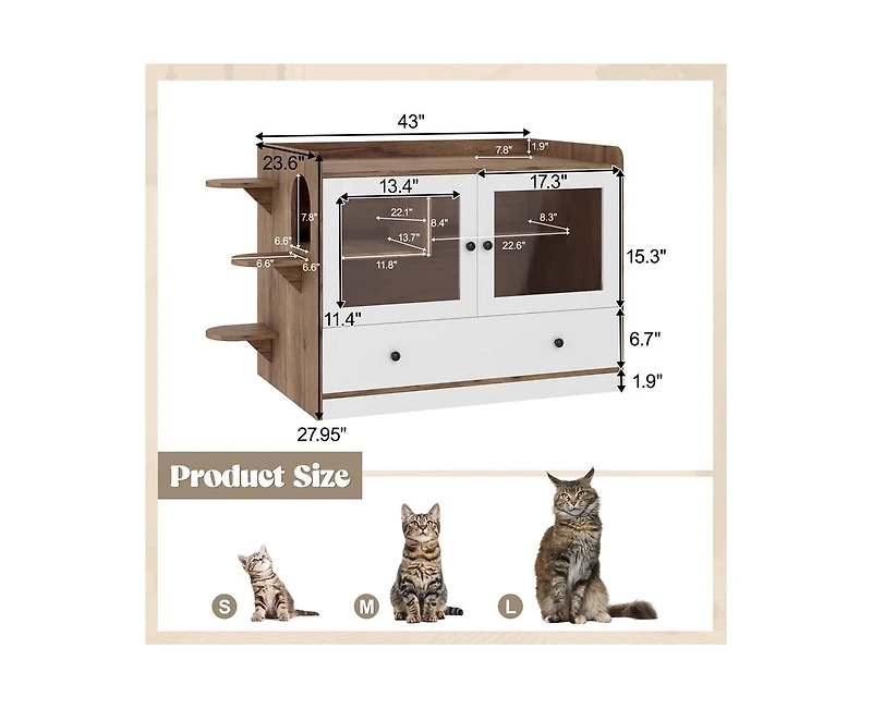 Casainc 43" Cabinet Cat Litter Box Enclosure Hidden Cat Litter Box with Drawer and Stairs