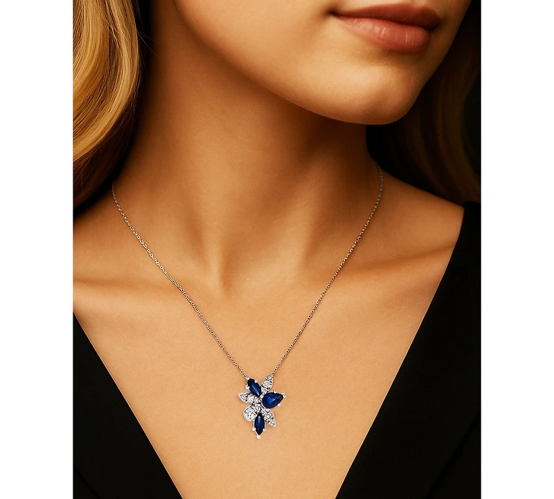 Sapphire (1-1/6 ct. t.w.) & Diamond (1/3 ct. t.w.) Mixed Cut Cluster 17" Pendant Necklace in 14k White Gold