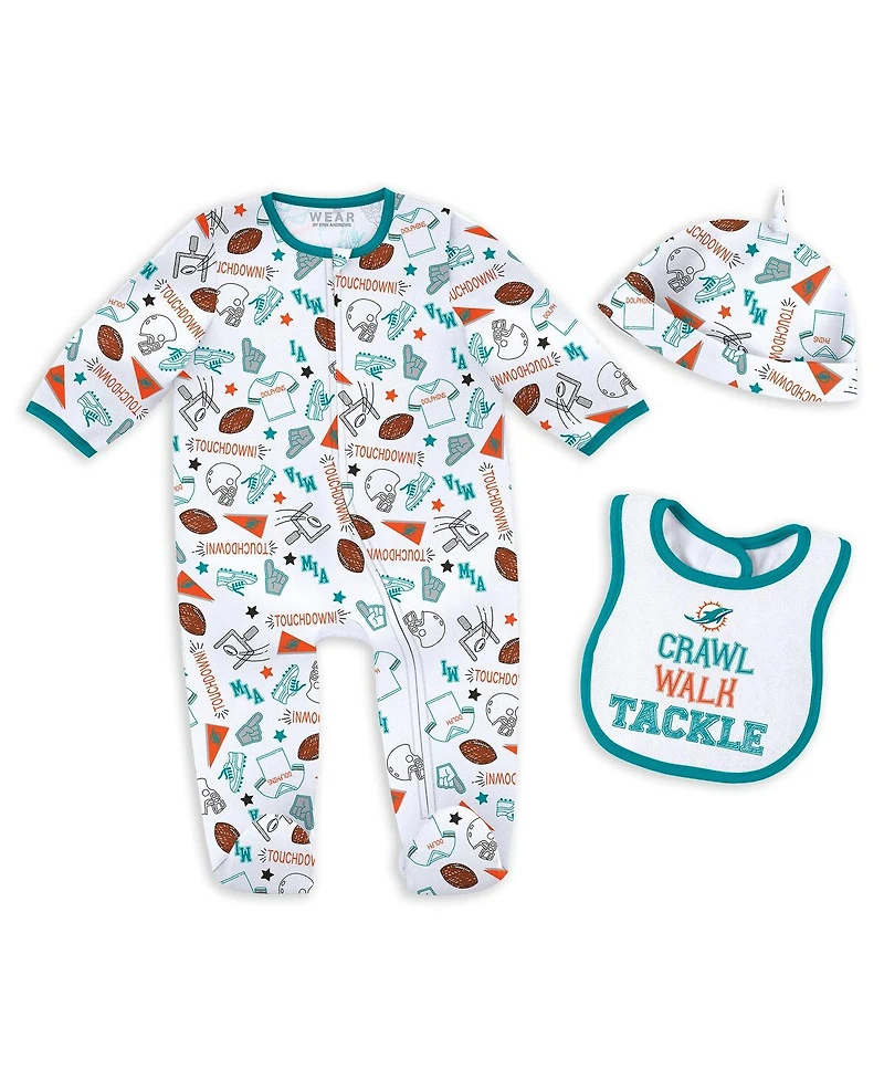 Wear by Erin Andrews Baby Boys and Girls Miami Dolphins Sleep Play with Bib Fun Hat Set