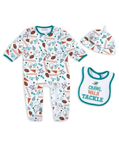 Wear by Erin Andrews Baby Boys and Girls Miami Dolphins Sleep Play with Bib Fun Hat Set