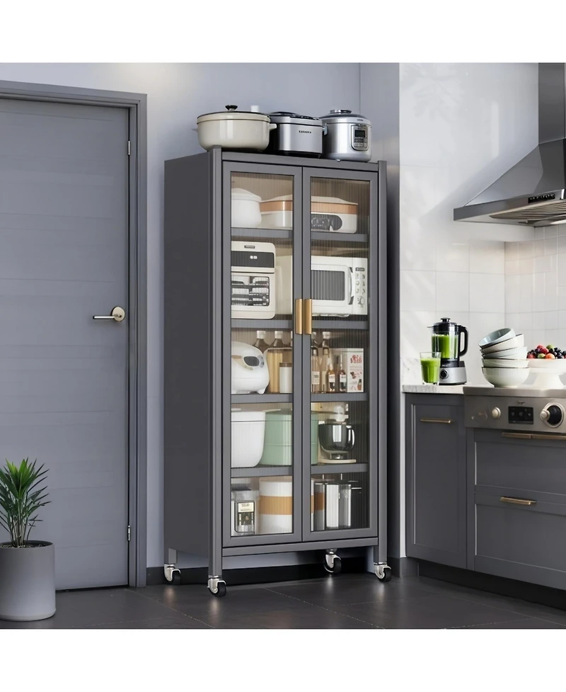 Streamdale Furniture 65" Kitchen Pantry Cabinet with Transparent Door & Wheels Gray