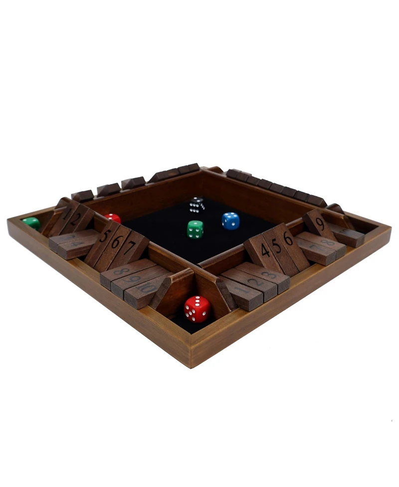 Pacific Shore Games 4 Player Shut the Box Dice Board Game with Walnut Stained Wood - 12 in.