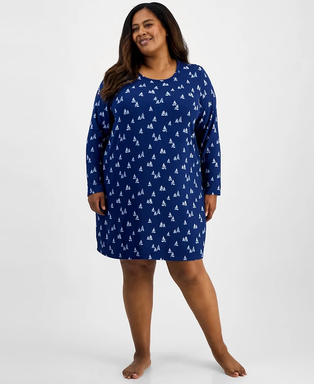 Charter Club Plus Size Soft Knit Printed Long Sleeve Sleepshirt