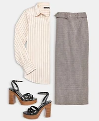 French Connection Womens Satin Pinstripe Blouse Houndstooth Belted Midi Skirt