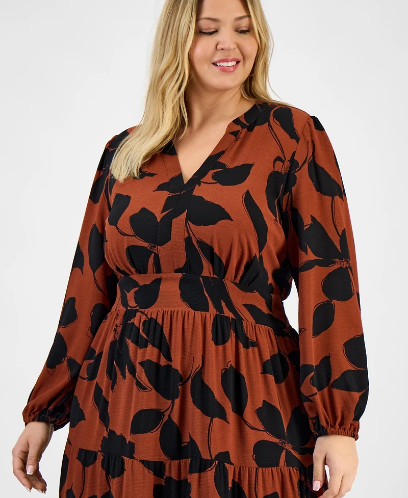 Robbie Bee Plus Printed Tie-Waist Tiered Long-Sleeve Dress