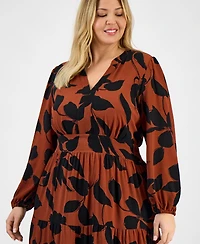 Robbie Bee Plus Printed Tie-Waist Tiered Long-Sleeve Dress