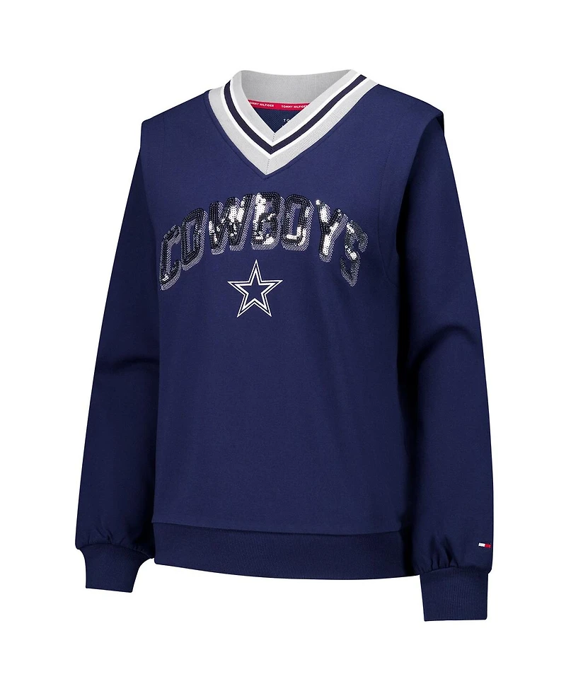 Tommy Hilfiger Women's Navy Dallas Cowboys Alice V-Neck Pullover Sweatshirt