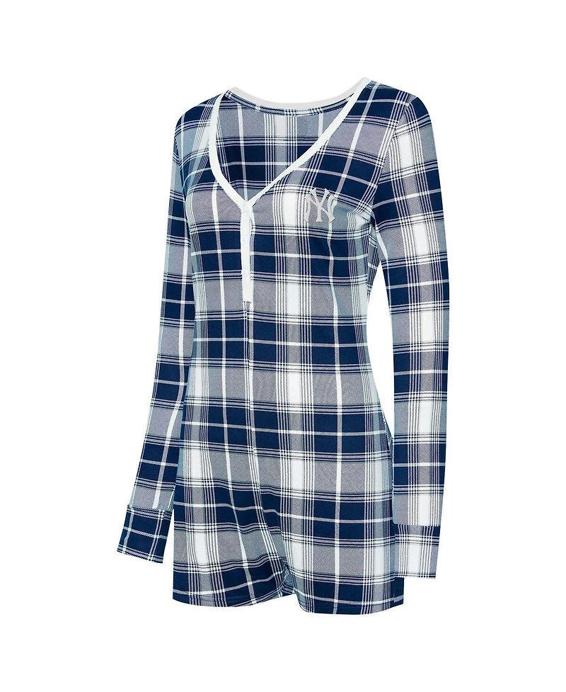 Concepts Sport Women's Navy New York Yankees Ashford Plaid V-Neck Knit Romper