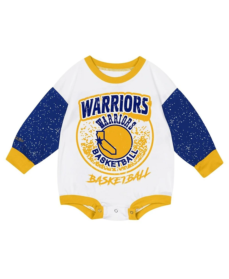 Mitchell & Ness Baby Boys and Girls White Golden State Warriors Hardwood Classics Posterboard Oversize Long Sleeve Bodysuit