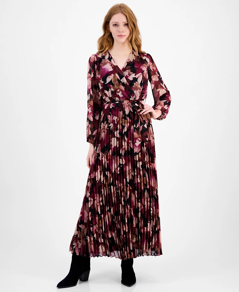 Sandra Darren Petite Surplice-Neck Pleated Maxi Dress