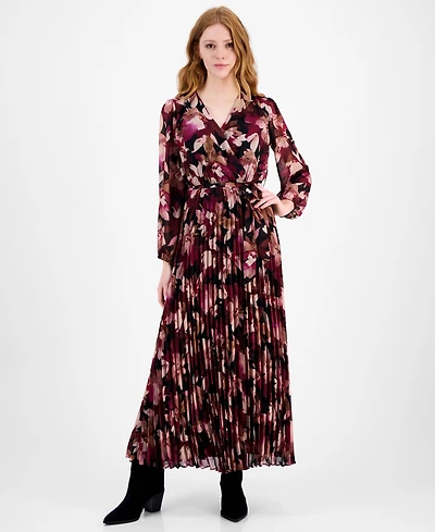 Sandra Darren Petite Surplice-Neck Pleated Maxi Dress