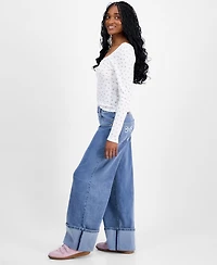 Madden Girl Juniors' High-Rise Cuffed Bow-Embroidery Jeans