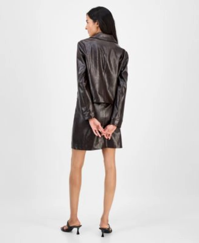 Anne Klein Womens Faux Leather Front Button Jacket Faux Leather Mini Skirt