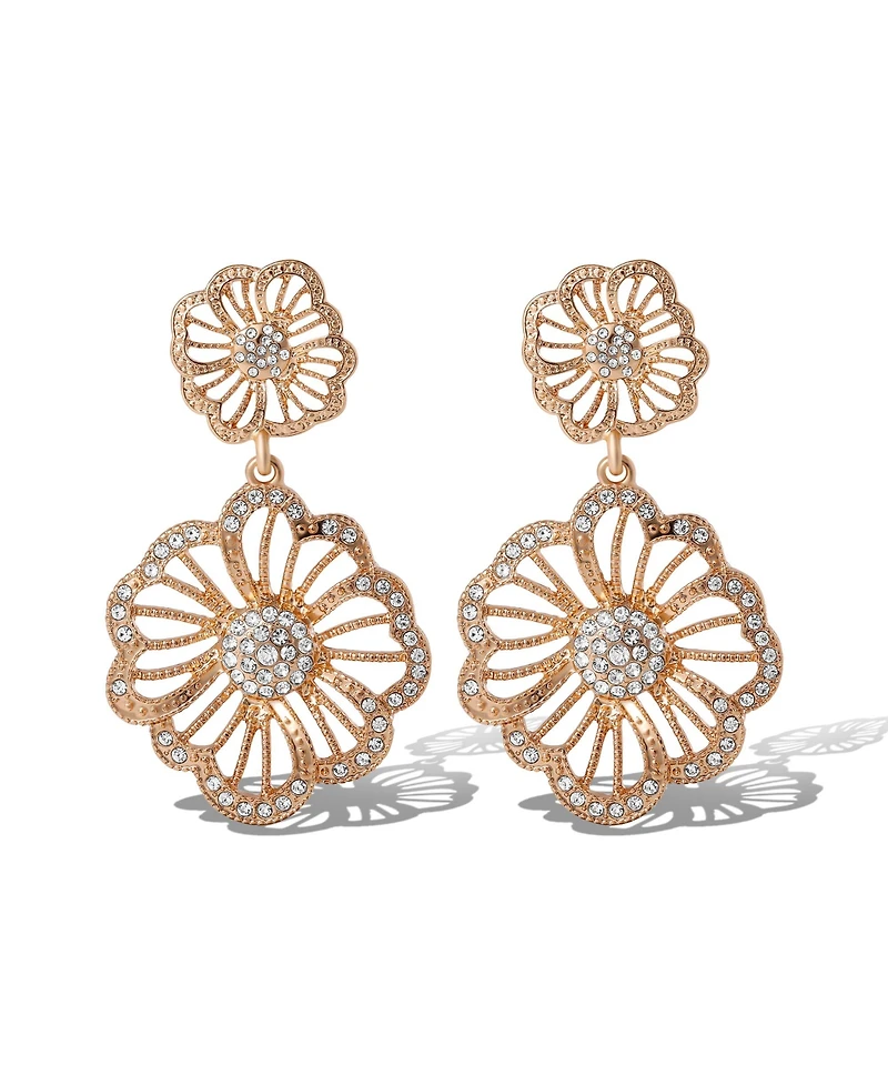 Jessica Simpson Gold-Tone Floral Drop Earrings with Pave Crystal Accents