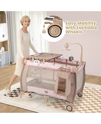 Costway Kids Portable Playard Nursery Center Crib with Hanging Toys & Music Box Unisex 0-3 Years