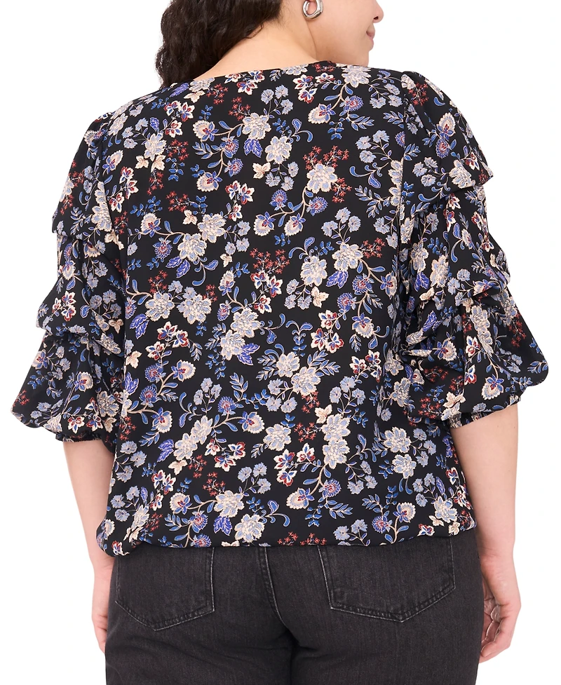 Vince Camuto Women's Plus Printed V-Neck Bubble Sleeve Top