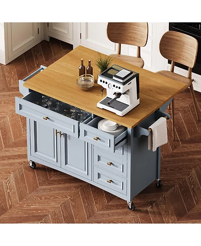 Casainc 52" Rolling Kitchen Island with Drop Leaf, Spice Rack, Towel 2 Doors, 5 Drawers, Adjustable Shelf (No Stools)